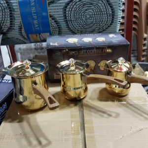 طقم غلايات قهوة ذهبي فخم ثقيل يد عظم لون خشبي مع غطاء 3 قطع