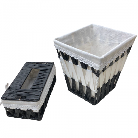 طقم سلة مع بكيت محارم قش عريض اسود وابيض طقم سلة مع بكيت محارم قش عريض اسود وابيض