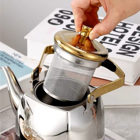 ابريق شاي 1 لتر ستانلس نيكل سلفر بغطاء ذهبي