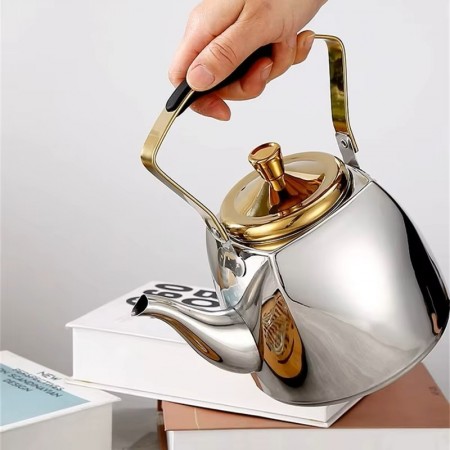 ابريق شاي 1 لتر ستانلس نيكل سلفر بغطاء ذهبي