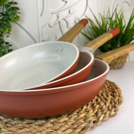 طقم قلايات ثقيل جرانيت يد لون خشبي 3 قطع BAROLY نمرة 20 - 24 - 28 سم