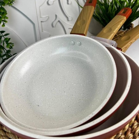 طقم قلايات ثقيل جرانيت يد لون خشبي 3 قطع BAROLY نمرة 20 - 24 - 28 سم