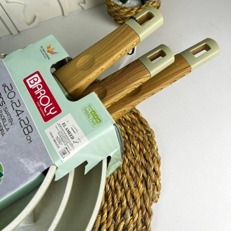 طقم قلايات ثقيل جرانيت يد لون خشبي 3 قطع BAROLY نمرة 20 - 24 - 28 سم