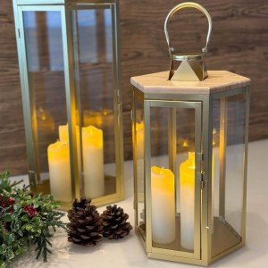 طقم فانوس رمضان سداسي زجاج شفاف مع خشب بامبو في الاعلى قطعتين 65 + 37 سم