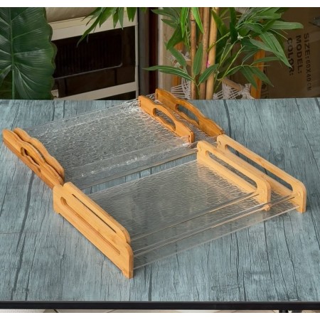 طقم صواني/2 اكريليك مستطيل مثلج وايدي خشب بايمو