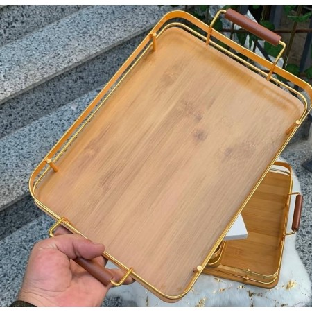 طقم صواني تقديم - تفضيل بيوتر مذهب مع ارضية خشب مستطيل مع ايدي 3 قطع