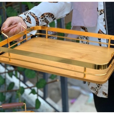 طقم صواني تقديم - تفضيل بيوتر مذهب مع ارضية خشب مستطيل مع ايدي 3 قطع