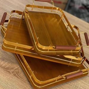 طقم صواني تقديم - تفضيل بيوتر مذهب مع ارضية خشب مستطيل مع ايدي 3 قطع طقم صواني تقديم - تفضيل بيوتر مذهب مع ارضية خشب مستطيل مع ايدي 3 قطع