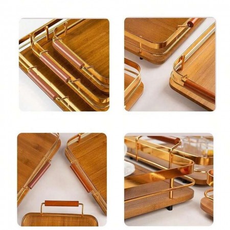 طقم صواني تقديم - تفضيل بيوتر مذهب مع ارضية خشب مستطيل مع ايدي 3 قطع