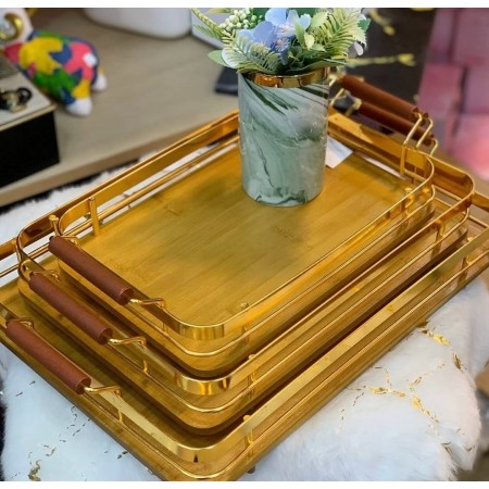 طقم صواني تقديم - تفضيل بيوتر مذهب مع ارضية خشب مستطيل مع ايدي 3 قطع