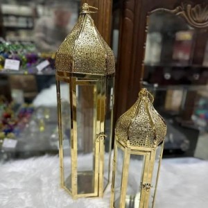 فوانيس رمضان الذهبية المميزة بتصميم مسجد القبة السداسية قطعتين 58 سم + 35 سم