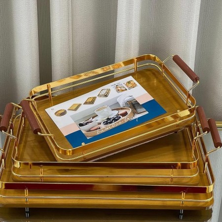 طقم صواني تقديم - تفضيل بيوتر مذهب مع ارضية خشب مستطيل مع ايدي 3 قطع