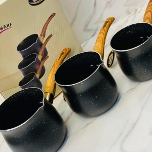 طقم غلايات قهوة جرانيت اسود احجام 9-10-11 سم يد عظم بدون غطاء طقم غلايات قهوة جرانيت اسود احجام 9-10-11 سم يد عظم بدون غطاء