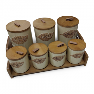 طقم سكريات بهارات بورسلان بيج ورقة مع ستاند بامبو 7 قطع طقم سكريات بهارات بورسلان بيج ورقة مع ستاند بامبو 7 قطع