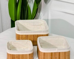 طقم سلال ديكور مربع خشب بوص بامبو مع قماش 3 قطع