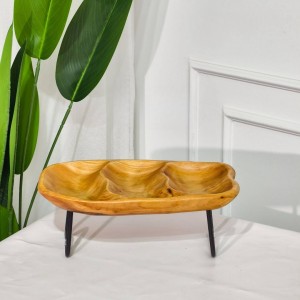 جاط تقديم فاكه - مكسرات - كاندي من الخشب الطبيعي مقسم مع رجلين قاعدة حديد لون اسود مقاس 37 × 22