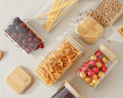طقم مطربان مرطبان  - مرتبان اكريلك مع غطاء خشب 6 قطع