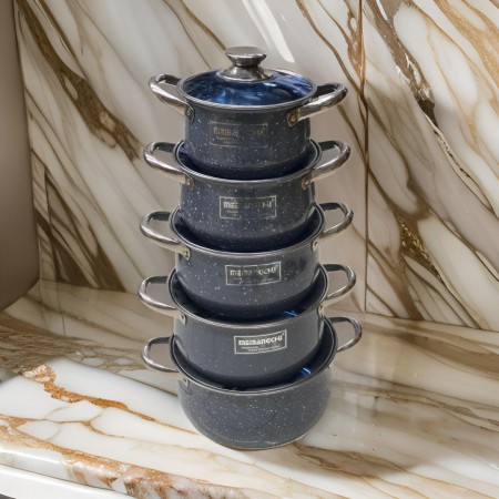 طقم طناجر حديد مطلي جرانيت مع غطاء زجاج 10 قطع ثقيل قياس 18-20-22-24-26 سم