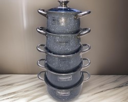 طقم طناجر حديد مطلي جرانيت مع غطاء زجاج 10 قطع ثقيل قياس 18-20-22-24-26 سم