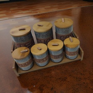 طقم سكريات بهارات بورسلان سكني محزز عرضي مع ستاند بامبو 7 قطع