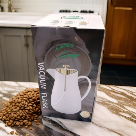 ثيرموس ساخن - بارد عظم ابيض مع غطاء ذهبي يد كبيرة نصف قلب اسهم للاعلى من اسفل الثيرموس