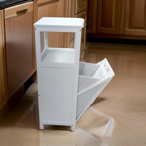 ستاند سلة غسيل خشب مع رفين علويات لون ابيض