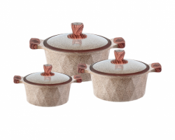 طقم طناجر الدبابة جرانيت اسود مع غطاء زجاج وايدي خشبية 20-22-24 سم