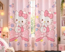 ستائر هولي كتي Kitty رسومات اطفال ديزني مطبع قطعتين مقاس 140 × 250 سم بلاك اوت / ستان لاث