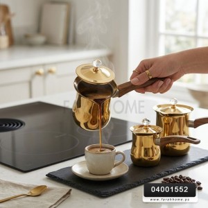 طقم غلايات قهوة ذهبي فخم ثقيل يد عظم لون خشبي مع غطاء 3 قطع