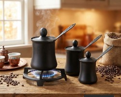 طقم /3 غلايات اسود قهوة ثقيل يد حديد مع غطاء