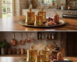 طقم /3 غلايات ذهبي قهوة ثقيل يد حديد مع غطاء