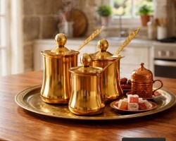 طقم /3 غلايات ذهبي قهوة ثقيل يد حديد مع غطاء