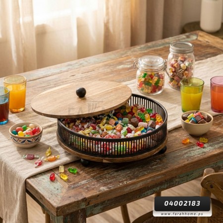 علبة تفضيل- تقديم - مضيفة خشب هندي مدورة مع اطار معدني علبة تفضيل- تقديم - مضيفة خشب هندي مدورة مع اطار معدني