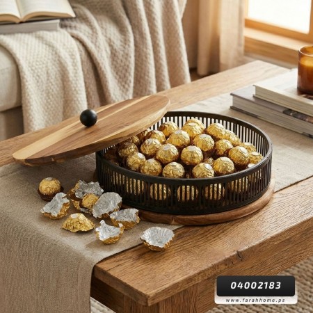 علبة تفضيل- تقديم - مضيفة خشب هندي مدورة مع اطار معدني علبة تفضيل- تقديم - مضيفة خشب هندي مدورة مع اطار معدني