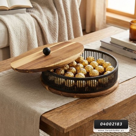 علبة تفضيل- تقديم - مضيفة خشب هندي مدورة مع اطار معدني علبة تفضيل- تقديم - مضيفة خشب هندي مدورة مع اطار معدني
