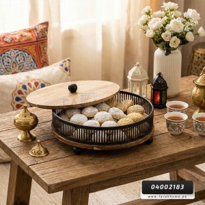 علبة تفضيل- تقديم - مضيفة خشب هندي مدورة مع اطار معدني