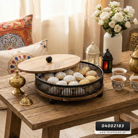 علبة تفضيل- تقديم - مضيفة خشب هندي مدورة مع اطار معدني علبة تفضيل- تقديم - مضيفة خشب هندي مدورة مع اطار معدني