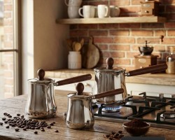 طقم غلايات ستانلس فضي قهوة ثقيل يد خشب مع غطاء 280 / 560 / 760 مل 3 قطع