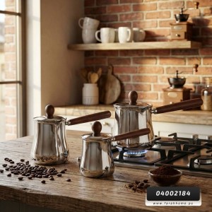 طقم غلايات ستانلس فضي قهوة ثقيل يد خشب مع غطاء 280 / 560 / 760 مل 3 قطع