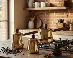 طقم /3 غلايات ستانلس ذهبي قهوة ثقيل يد خشب مع غطاء 280 / 560 / 760 مل 3 قطع