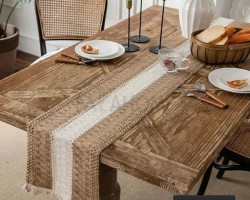 شرشف طاولة سفرة رنر / بيرو مقاس  30 × 180 سم شرشف طاولة سفرة خيش قش مطرز اطراف شراشيب