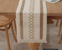 شرشف طاولة سفرة رنر / بيرو مقاس  30 × 180 سم شرشف طاولة سفرة خيش قش مطرز اطراف شراشيب