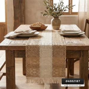 رنر / بيرو مقاس  30 × 120 سم شرشف طاولة وسط خيش قش مطرز اطراف شراشيب