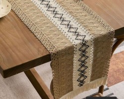 رنر / بيرو مقاس  30 × 120 سم شرشف طاولة وسط خيش قش مطرز اطراف شراشيب
