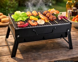 كانون منقل شوي مع شبك حجم وسط قابل للطي اسود 35 × 27 + 19.5 سم