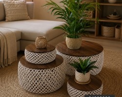 طقم طاولة وسط قش وجه خشب 4 قطع