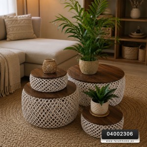 طقم طاولة وسط قش وجه خشب 4 قطع طقم طاولة وسط قش وجه خشب 4 قطع