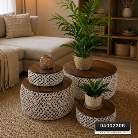 طقم طاولة وسط قش وجه خشب 4 قطع