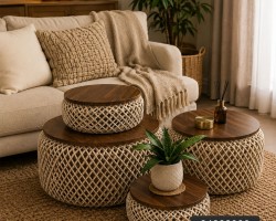 طقم طاولة وسط قش وجه خشب 4 قطع