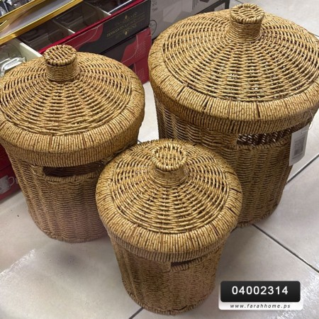 طقم سلات سلال ديكور قش بوص ثقيل مع غطا مدور 3 قطع مقاسات 20 - 24 - 28 سم طقم سلات سلال ديكور قش بوص ثقيل مع غطا مدور 3 قطع مقاسات 20 - 24 - 28 سم